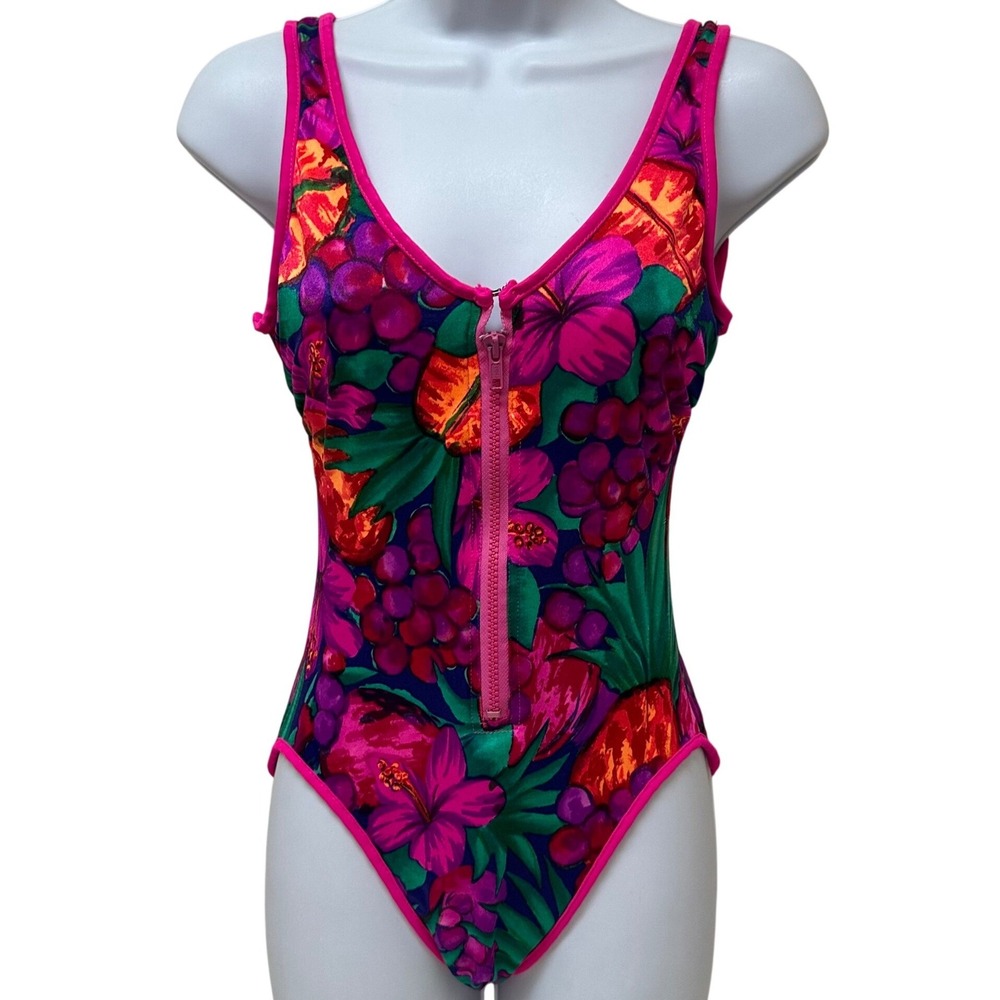 Sun Bound Vintage Tropical Fruit Floral Zip Front One Piece Swimsuit Pink Size 8
